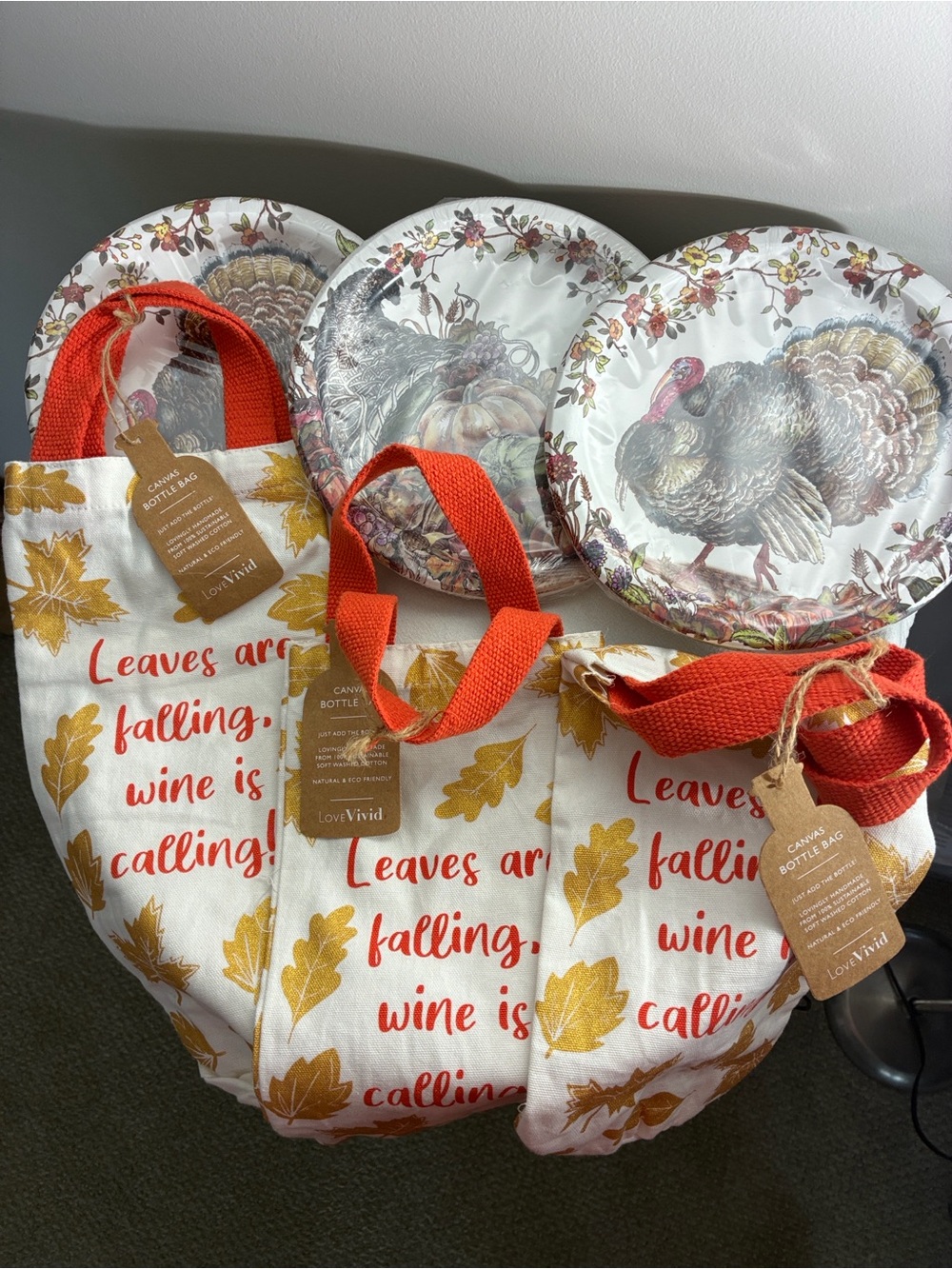 3 Leaves Are Falling Canvas Wine Totes & 3 Thanksgiving Paper plate Sets